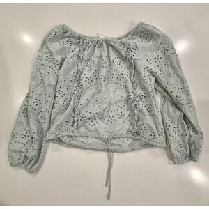Joie Eyelet Cotton Peasant Blouse Light Blue Long Sleeve Tie Waist Top S